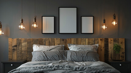 Wooden headboard with a string of Edison bulbs hanging above and two black picture frames showcasing minimalist line art. Industrial-inspired decor with copy space.