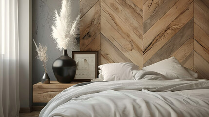 Wooden headboard with a sleek black vase holding a single white feather and two mirrored photo frames with travel photos. Glamorous and luxurious decor with copy space.