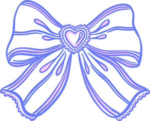 Fototapeta premium Elegant vintage cute bow with heart. Delicate hand-drawn decoration for hair or clothing. Coquette aesthetics. Organic lines. Clipart element for wedding decorations, greeting cards, tags