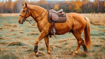 Obraz premium Horse with saddle galloping in cold dawn field with wet grass background in serene morning scene