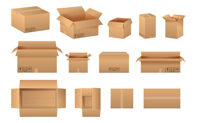 Boxes with fragile and umbrella symbols, handle with care. Vector isolated set of realistic cardboard packages with duct tape. Side and top view on empty parcels for delivery and transportation