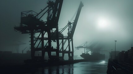 Obraz premium A dark, foggy harbor, where massive shipping cranes loom like steel giants, emphasizing the crucial role of machinery in global commerce and trade 