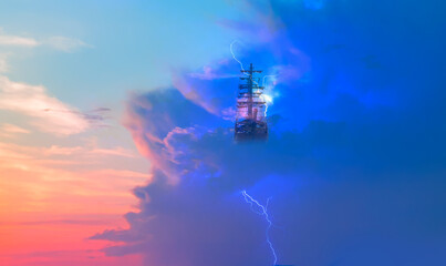 Flying old ship in the stormy clouds with thunder and lightning
