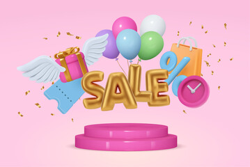 Clearance and reduction of price, promotion and discount. Vector realistic 3d promo, sale text inflated balloons, shopping bag and coupon or voucher with gift. Box with wings and time clock