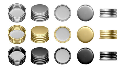 Silver gold and black bottle cap screws for containers with liquids. Vector isolated set of jar lids, side and top, front and inside view. Piece with copy space for text, clear aluminum part