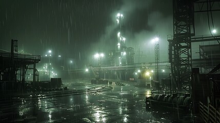 A rain-soaked industrial yard, where heavy-duty machinery operates under the cold, harsh glare of floodlights, emphasizing the raw power of engineering 