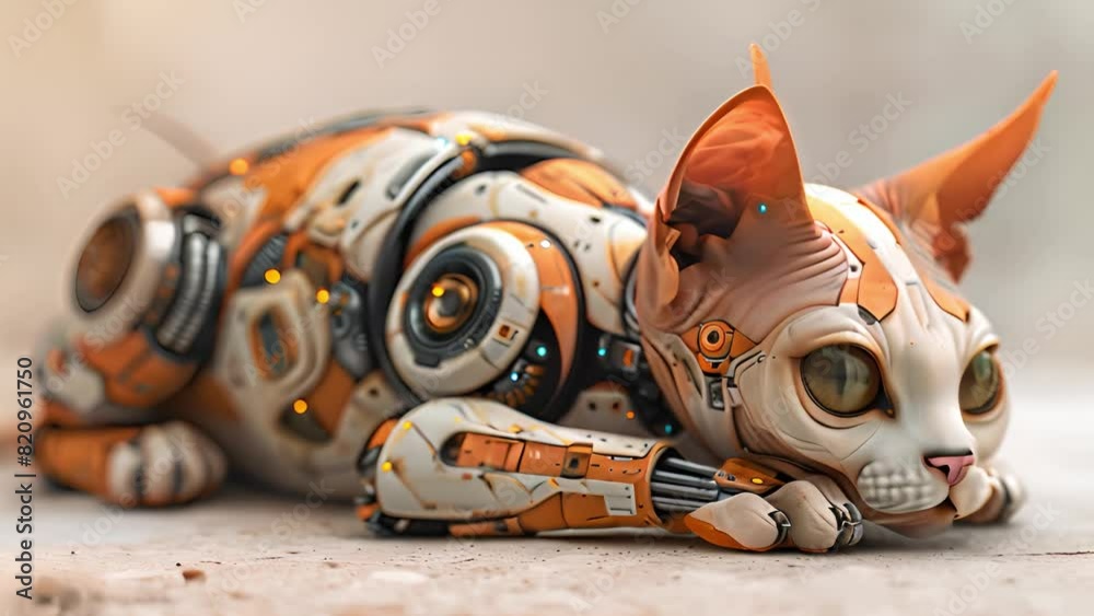 Poster this orange and white robot cat resting on the ground. orange and white robot cat laying on ground