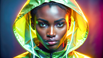 Portrait of black woman in raincoat commercial. Portrait of black woman in modern fashion commercial.