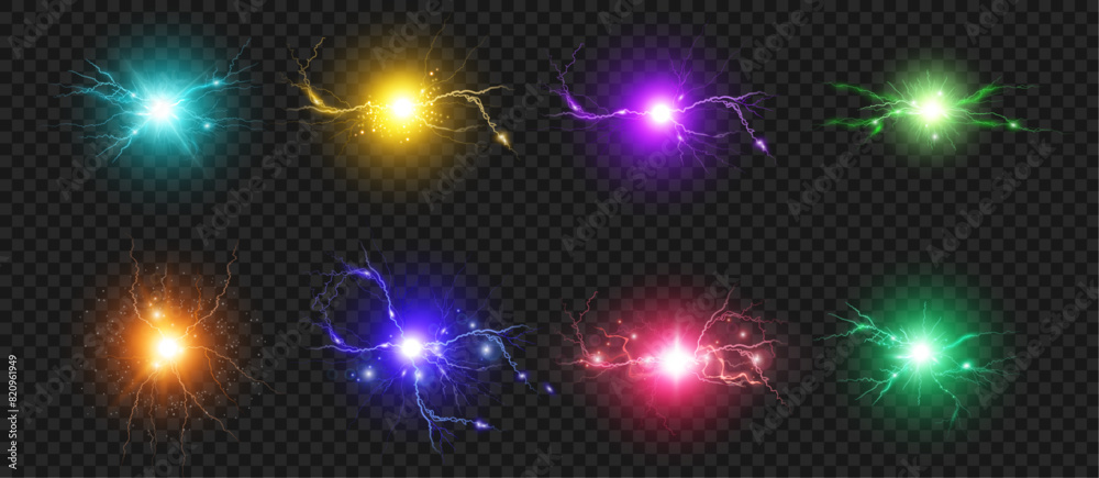 Aufkleber Plasma discharge, isolated realistic round lightning or thunderstorm effect. Vector sphere with high voltage energy, bright ball with sparks and charge. Electrical powerful thunderbolt burst