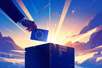 Male hand drops ballot paper in ballot box on blue background. European Union. European Parliament elections. Politic and voting concept. Banner with copy space