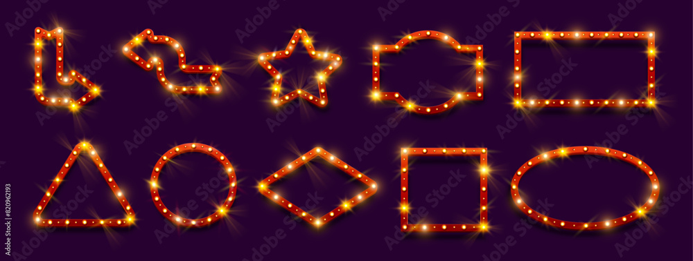 Poster mockup frames with red border, retro signboards with light bulbs. vector circus or casino banners in