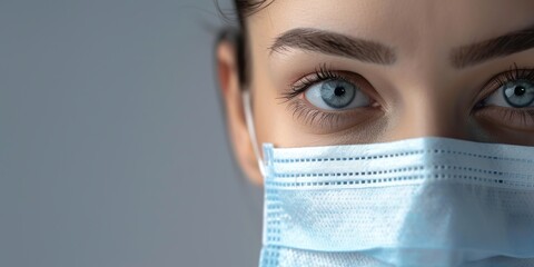 Close up portrait of pretty confident female doctor or scientist wearing medical protective facial mask over grey background. Eye of young woman physician. Medicine, profession and healthcare concept