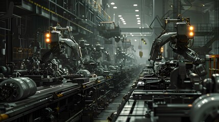 An eerie, silent assembly line, where dark machinery looms large, each component precisely in place, highlighting the meticulous and relentless efficiency of production