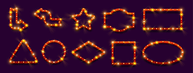 Mockup frames with red border, retro signboards with light bulbs. Vector circus or casino banners in shape of pointing arrows, stars and rectangles, triangles and rhombuses, circles and ovals © Sensvector