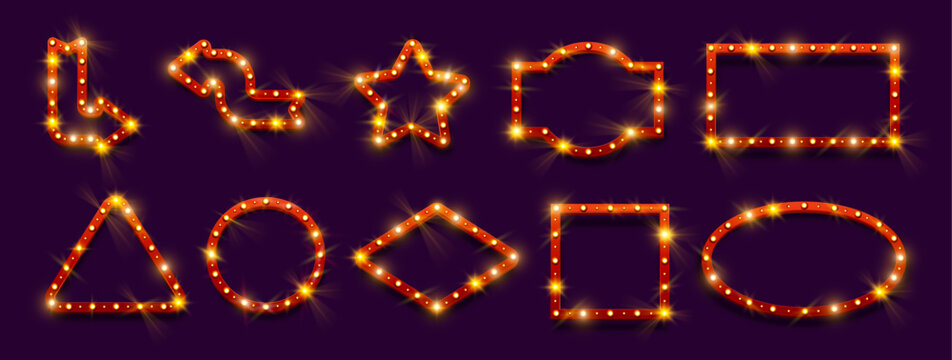 Mockup frames with red border, retro signboards with light bulbs. Vector circus or casino banners in shape of pointing arrows, stars and rectangles, triangles and rhombuses, circles and ovals