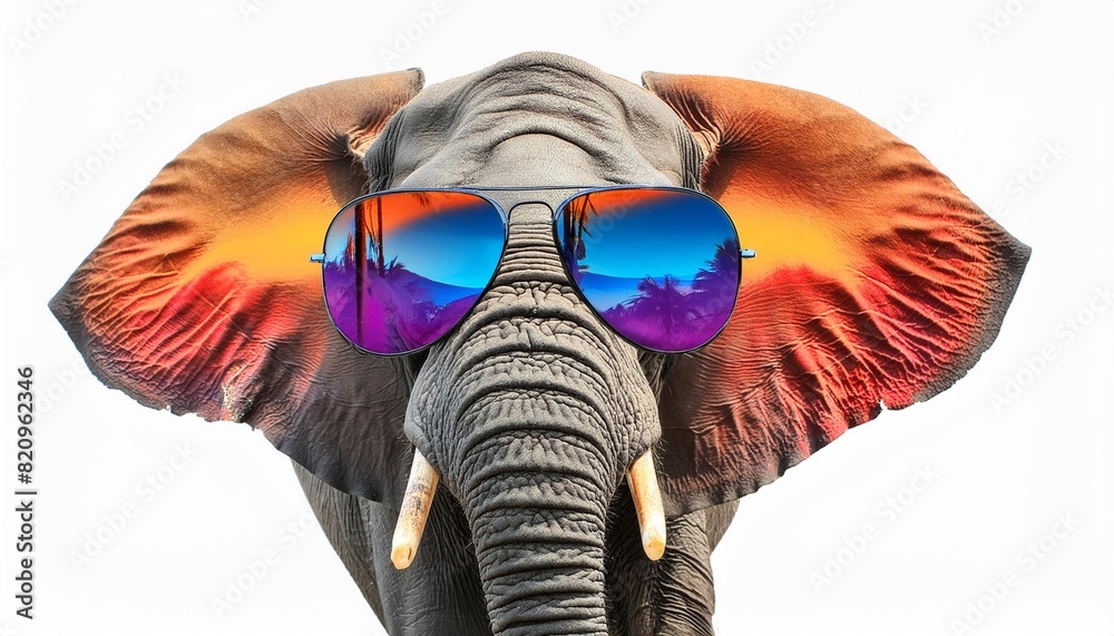 Wall mural cartoon colorful elephant with sunglasses on white background - Wall murals