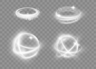 Protection and freshness, shining round effect with soft light shimmering and fresh bubbles. Vector isolated set of protective circle, frame with whirls and spiral motion. Twinkles and sparkle clean