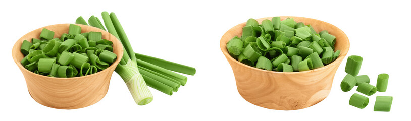 Green onion in wooden bowl isolated on the white background with full depth of field