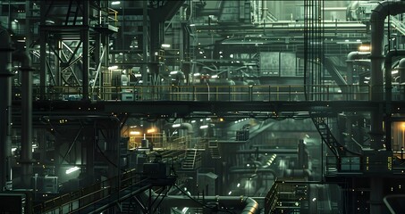 An eerie, silent assembly line, where dark machinery looms large, each component precisely in place, highlighting the meticulous and relentless efficiency of production