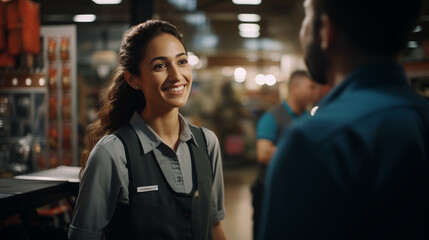hardware store employee Who smiles happily at work