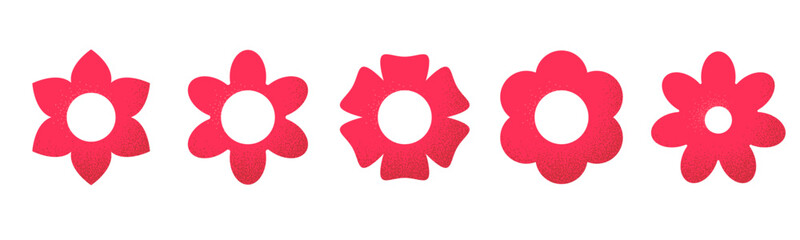 Set of red flower icon illustration. Spring elements. Grain effect