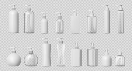 Glass or plastic bottles with pumps, isolated dispenser for cosmetics, shampoo or lotion gel. Vector set of realistic containers for cream or antiseptic, beauty products mockup template
