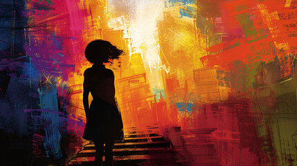 Abstract illustration of a woman exploring a famous city destination, depicted with bold brushstrokes and rich colors