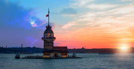 istanbul Maiden Tower at amazing sunset and lightning (kiz kulesi) - istanbul, Turkey