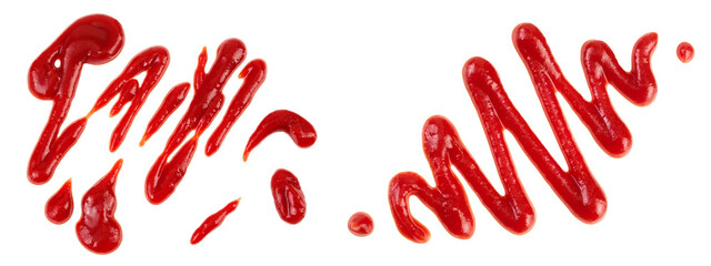 Red tomato sauce or ketchup isolated on white background . Top view. Flat lay