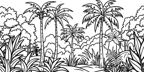 Tropical forest with palm trees - Line art vector illustration