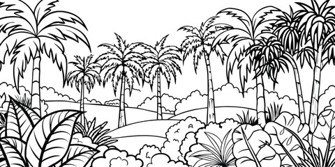 Black and white ink drawing of palm forest