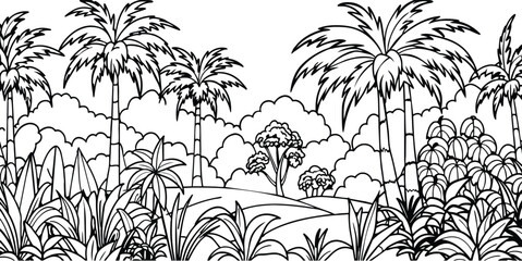 Tropical forest with palm trees - vector sketch