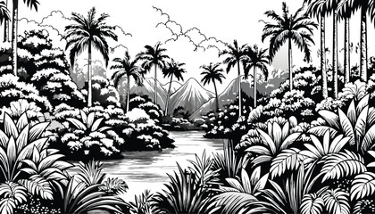 Tropical palm forest, mountains, river -  black and white vector illustration