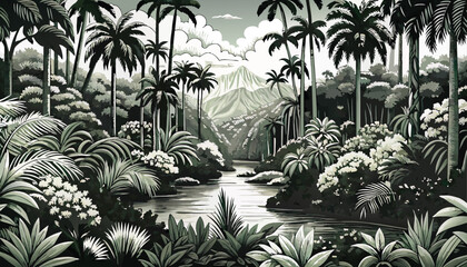 Tropical landscape with palm trees and mountains - Vector illustration in black and green colors