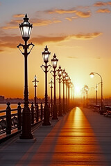 Obraz premium A serene sunset at a pier with ornate lampposts, casting long shadows and a golden glow on the pathway