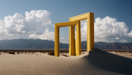 3d render surreal desert landscape with white clouds going into the yellow square portals on sunny day modern minimal abstract background
