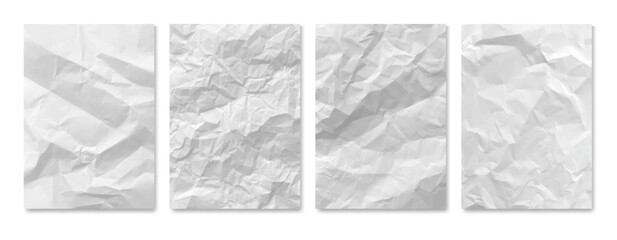 Blank realistic sheet of paper with wrinkled and creased effect texture. Vector set of empty document with rough surface with copy space. Aged grunge vintage material for writing or drawing