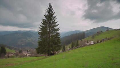 spruce tree on the grassy hill carpathian countryside landscape on a cloudy day in spring