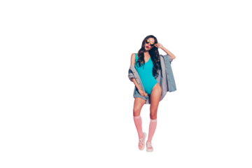 Full length body size of nice lovely attractive sporty adorable fashionable wavy-haired lady red lips eyewear eyeglasses outfit shoes sneakers isolated over pink background