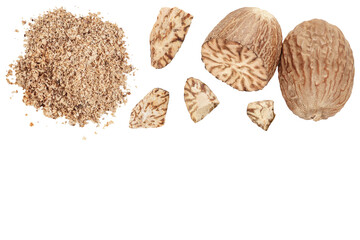 Whole and grated nutmeg isolated on white background. Top view with copy space for your text. Flat...