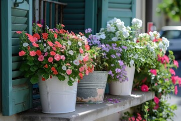 A balcony corner decorated with vintage-inspired white metal buckets filled with cascading geraniums, verbena, and bacopa, creating a picturesque and nostalgic floral display
