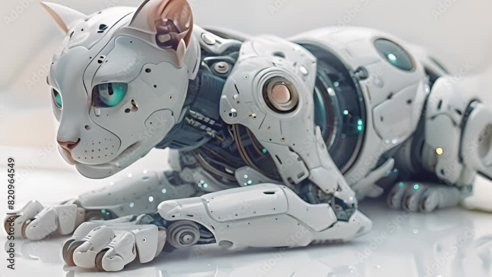 Fototapete this white robot cat lying down on a white surface. white robot cat resting on white surface