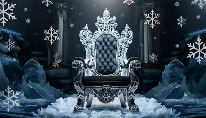 a throne made of ice with large snowflakes in the center and on the sides dark background