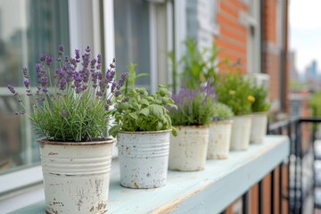 A balcony ledge decorated with vintage-inspired white enamel pots filled with fragrant lavender, rosemary, and thyme, creating a charming and rustic herb garden in the heart of the city.