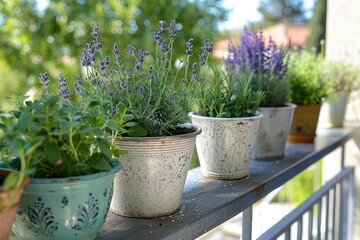 A balcony ledge decorated with vintage-inspired white enamel pots filled with fragrant lavender, rosemary, and thyme, creating a charming and rustic herb garden in the heart of the city.