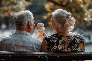 An elderly couple enjoys delicious ice cream in the park while sitting on a bench together. Back view. Romantic date, family portrait. Happy pensioners concept