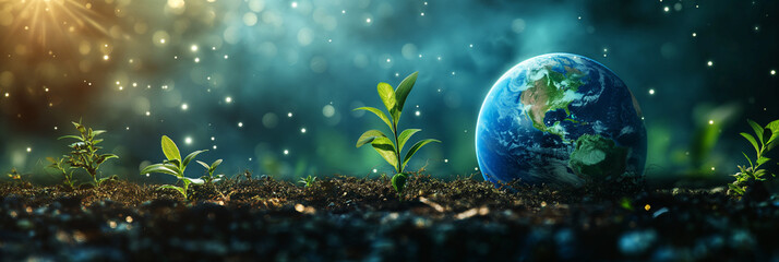 Banner image for earth day world in soil with budding sprouting plants. soft rain dewy background 3:1 ratio