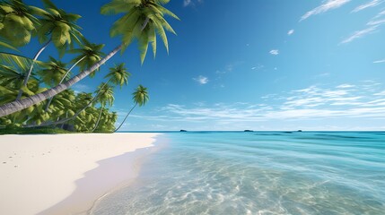 Tropical beach with palm trees and blue sky. Panorama