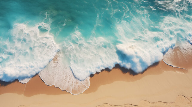 Landscape photo of sea waves  on  sandy beach  srone shot from above. Banner image 16:9 Ratio