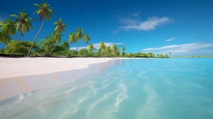 Panoramic view of beautiful tropical beach with palm trees and blue sky